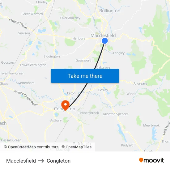 Macclesfield to Congleton map