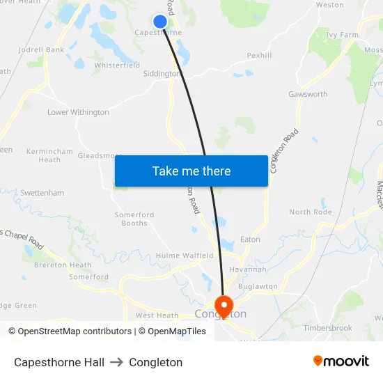 Capesthorne Hall to Congleton map