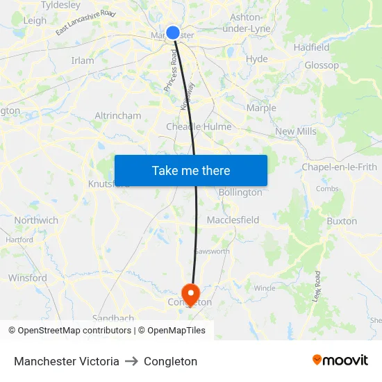 Manchester Victoria to Congleton map