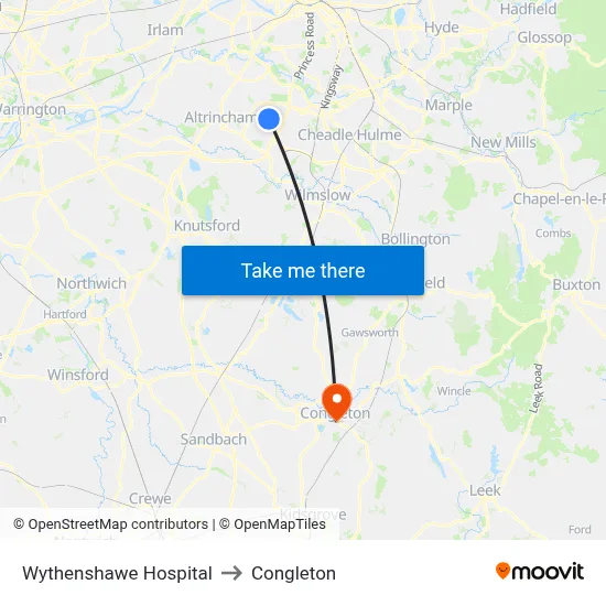 Wythenshawe Hospital to Congleton map