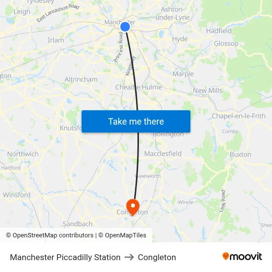 Manchester Piccadilly Station to Congleton map