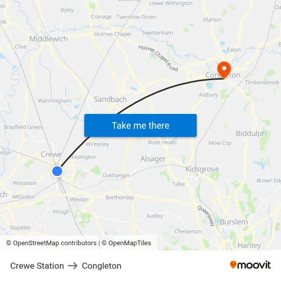 Crewe Station to Congleton map
