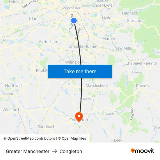Greater Manchester to Congleton map