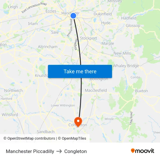 Manchester Piccadilly to Congleton map