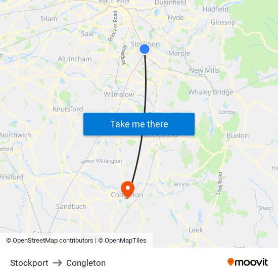 Stockport to Congleton map