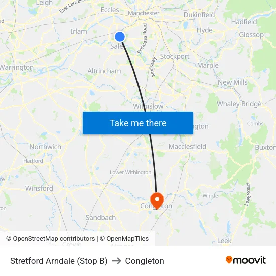 Stretford Mall to Congleton map
