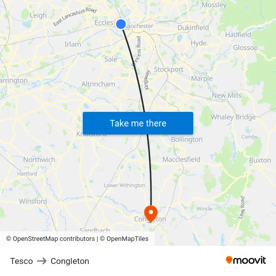 Tesco to Congleton map