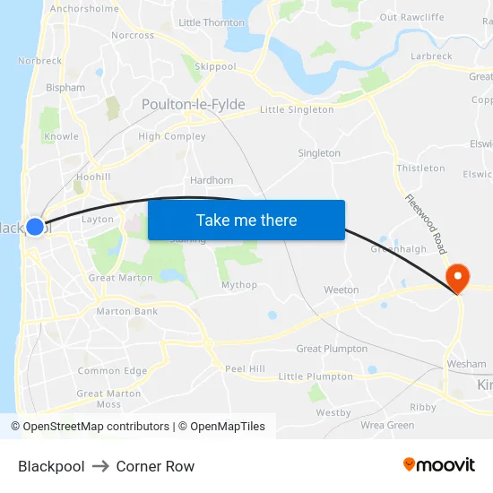 Blackpool to Corner Row map