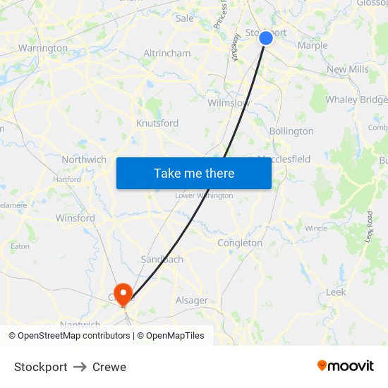 Stockport to Crewe map