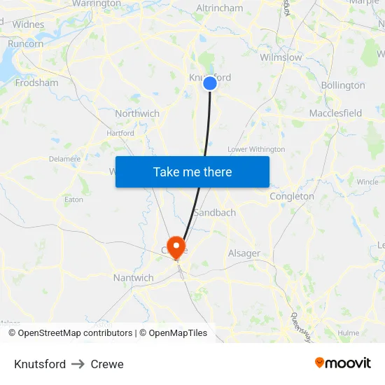 Knutsford to Crewe map