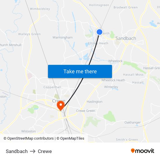 Sandbach to Crewe map