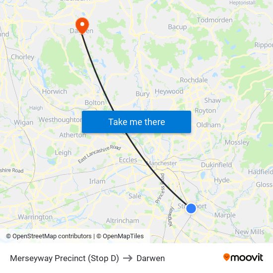 Merseyway Precinct (Stop D) to Darwen map