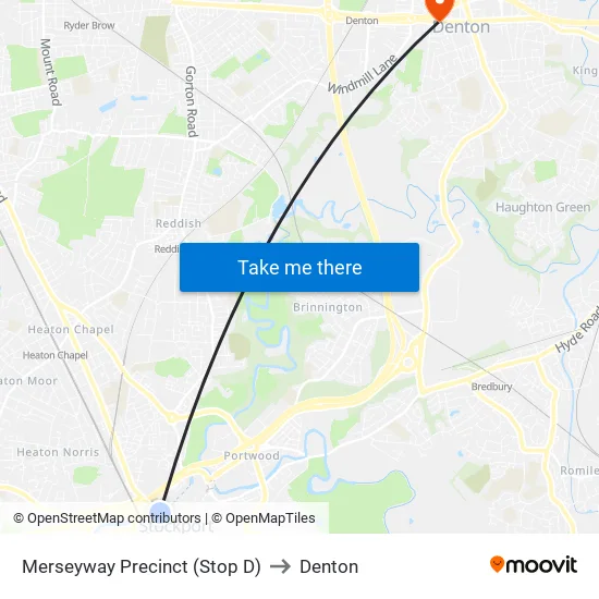 Merseyway Precinct (Stop D) to Denton map