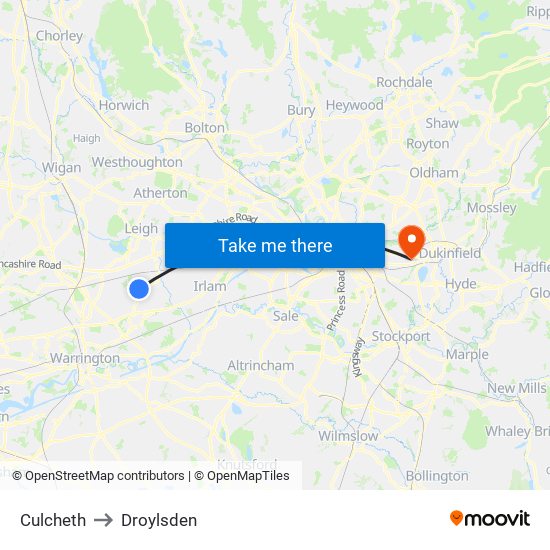 Culcheth to Droylsden map