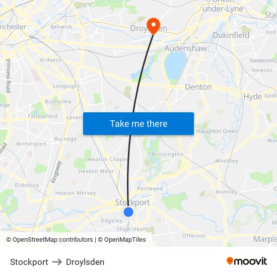 Stockport to Droylsden map