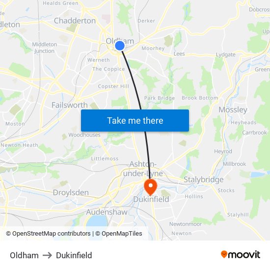 Oldham to Dukinfield map