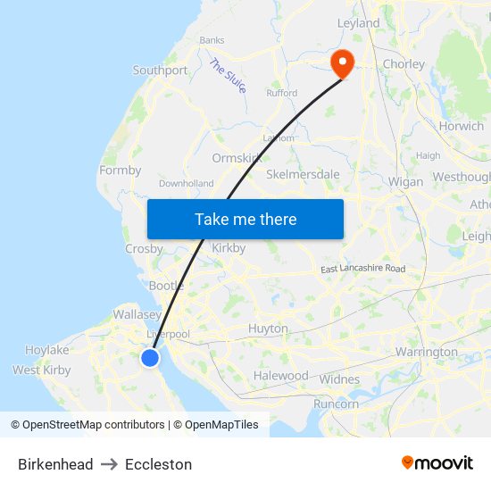 Birkenhead to Eccleston map