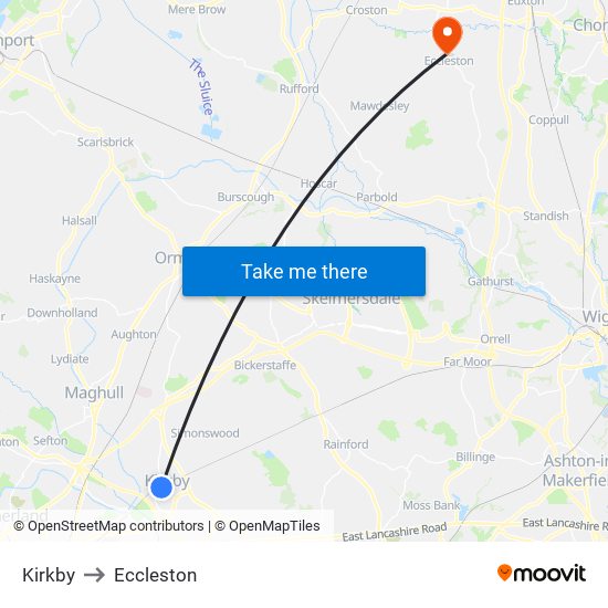 Kirkby to Eccleston map