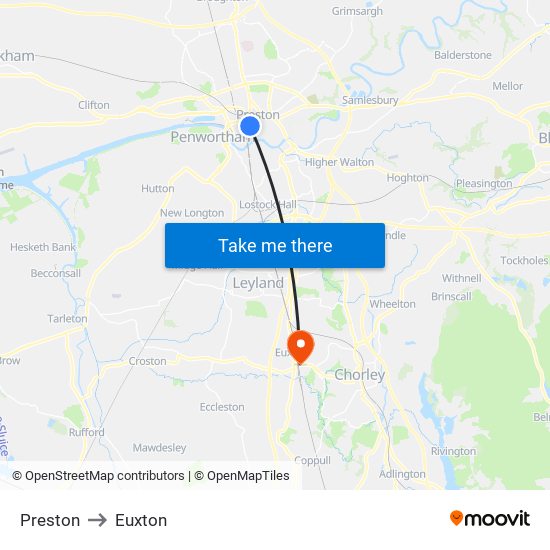 Preston to Euxton map