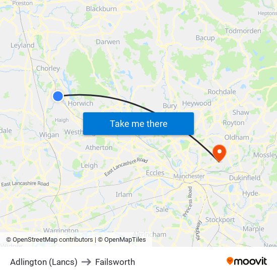 Adlington (Lancs) to Failsworth map