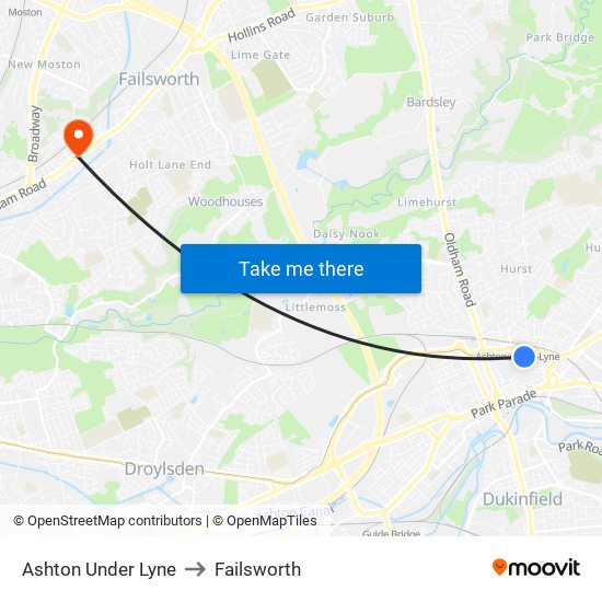 Ashton Under Lyne to Failsworth map