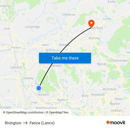 Rivington to Fence (Lancs) map