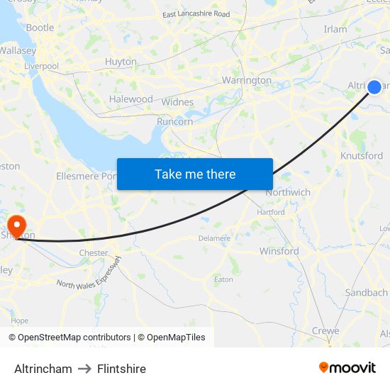 Altrincham to Flintshire map