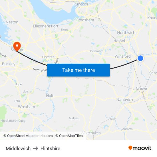 Middlewich to Flintshire map