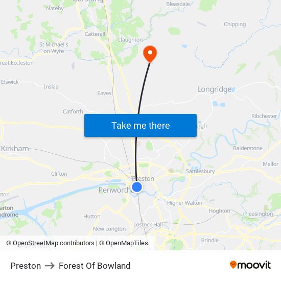 Preston to Forest Of Bowland map