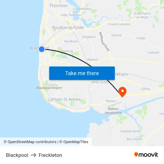 Blackpool to Freckleton map