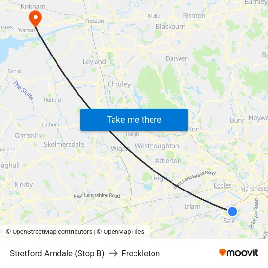 Stretford Mall to Freckleton map