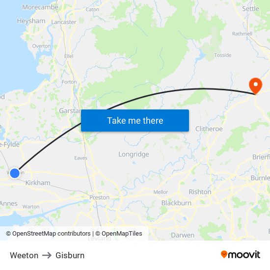 Weeton to Gisburn map