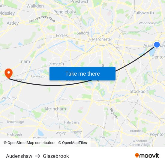 Audenshaw to Glazebrook map