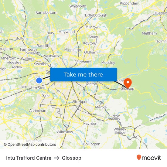 The Trafford Centre to Glossop map