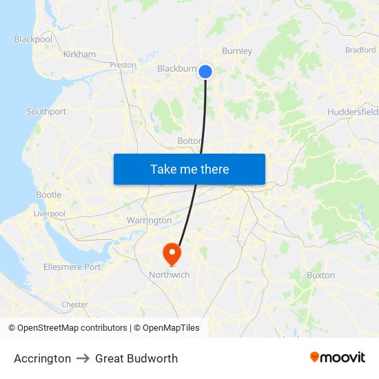 Accrington to Great Budworth map