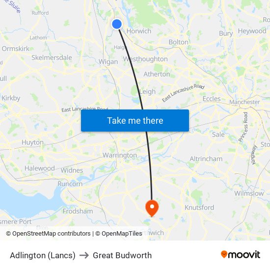 Adlington (Lancs) to Great Budworth map