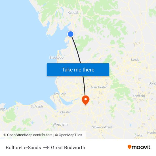 Bolton-Le-Sands to Great Budworth map