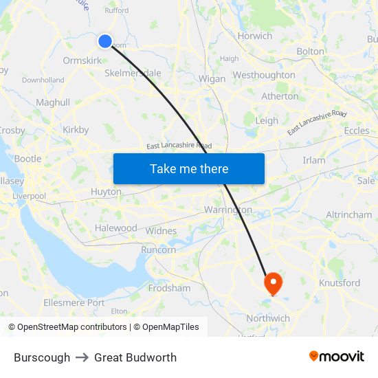 Burscough to Great Budworth map