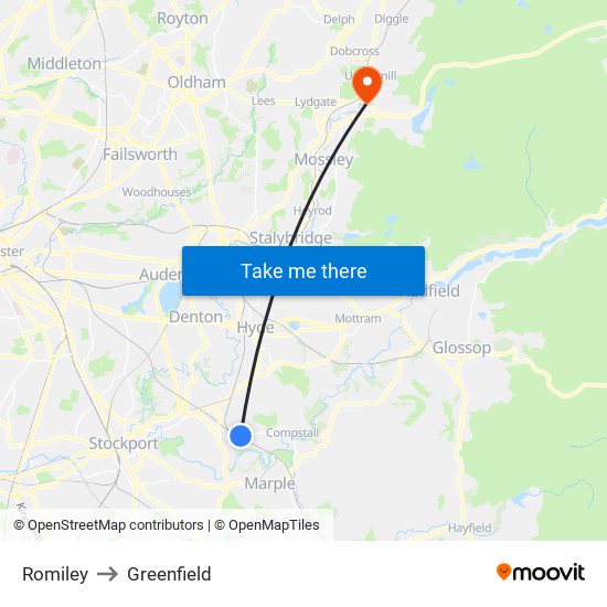 Romiley to Greenfield map