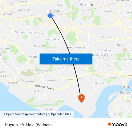Huyton to Hale (Widnes) map