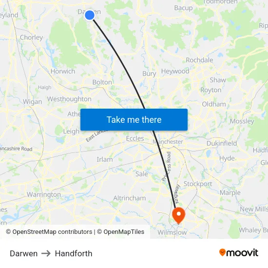 Darwen to Handforth map