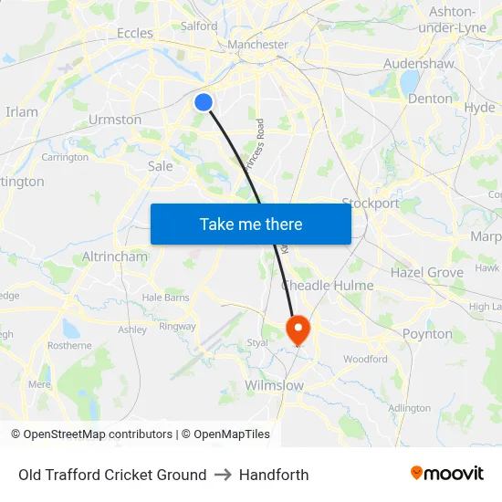 Old Trafford Cricket Ground to Handforth map