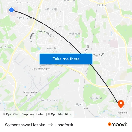Wythenshawe Hospital to Handforth map