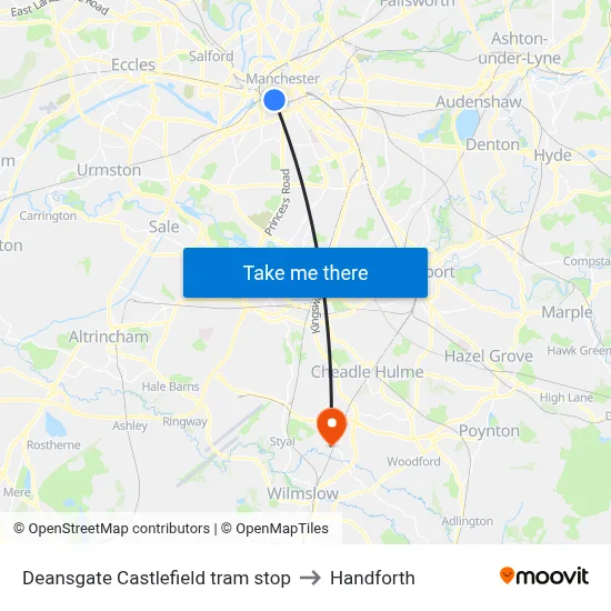 Deansgate Castlefield tram stop to Handforth map