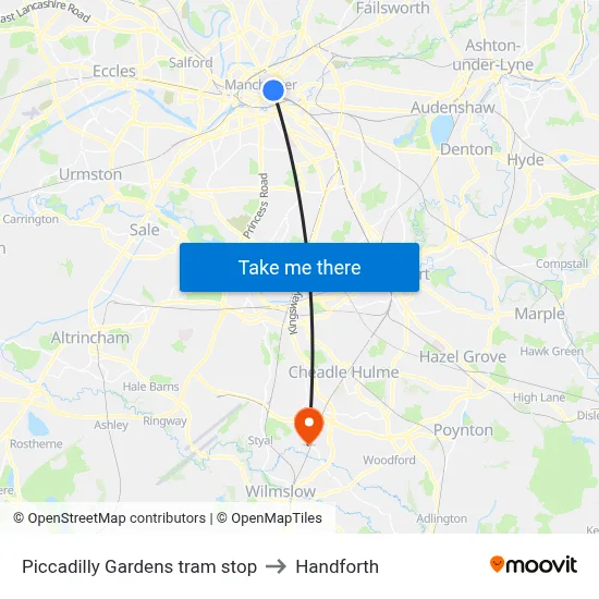 Piccadilly Gardens tram stop to Handforth map