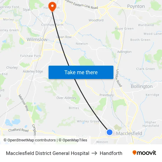 Macclesfield District General Hospital to Handforth map