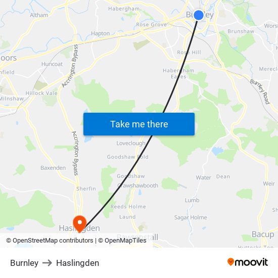 Burnley to Haslingden map