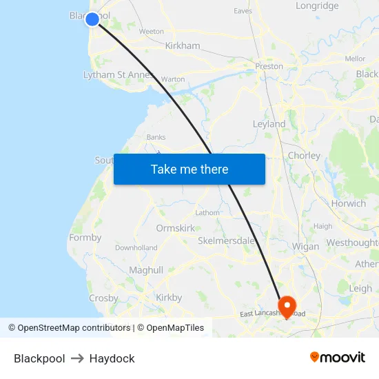 Blackpool to Haydock map