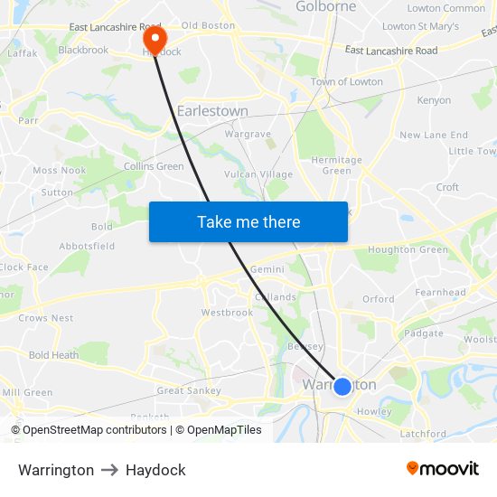 Warrington to Haydock map