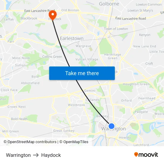 Warrington to Haydock map